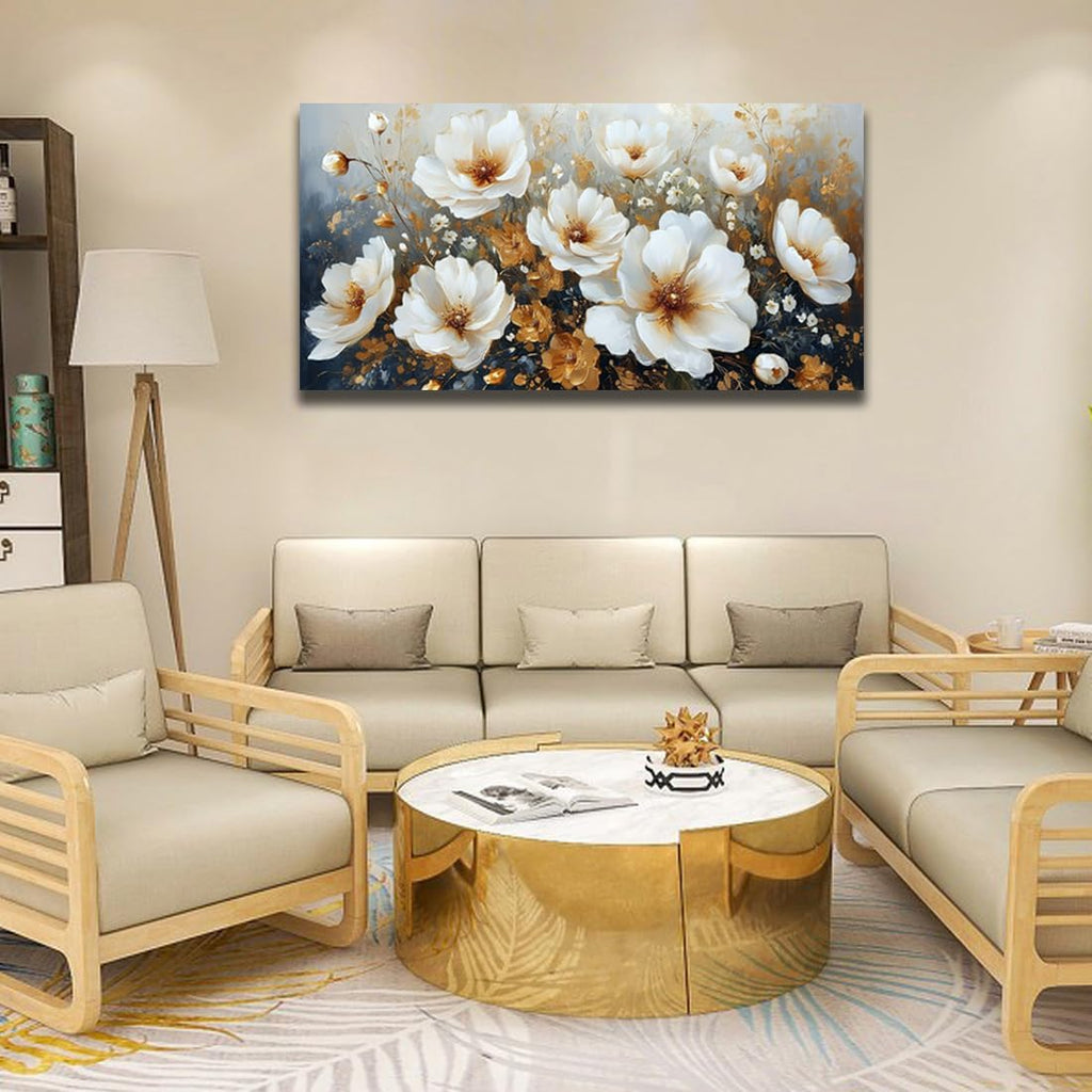RUIFENGL Flower Canvas Wall Art White and Gold Floral Pictures Canvas Prints Wall Art for Living Room Bedroom Bathroom Home Office Decoration Painting Artwork 29'x58' Xlarge