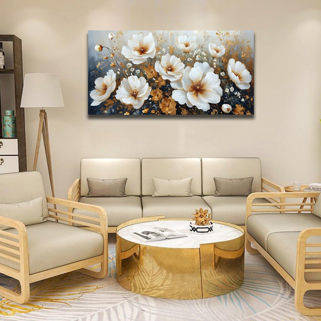 RUIFENGL Flower Canvas Wall Art White and Gold Floral Pictures Canvas Prints Wall Art for Living Room Bedroom Bathroom Home Office Decoration Painting Artwork 29'x58' Xlarge