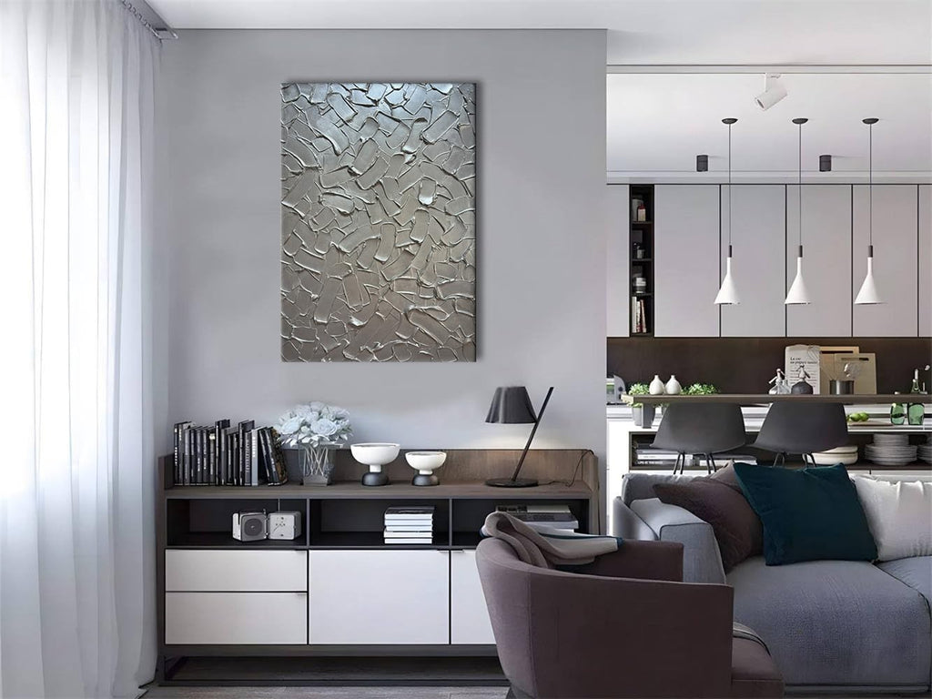 Slyart Handmade 3D Texture Wall Art Modern Abstract Painting 28x40 Inches Minimalist Silver Gray Artwork Oil Painting on Canvas Wall Decor for Living Room Bedroom