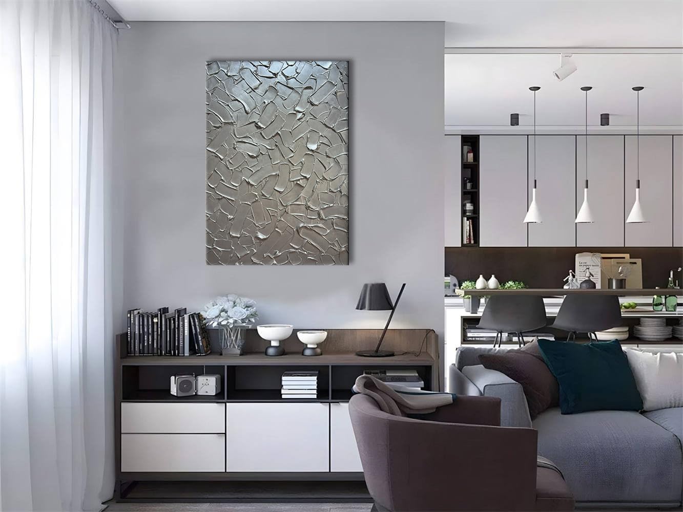 Slyart Handmade 3D Texture Wall Art Modern Abstract Painting 28x40 Inches Minimalist Silver Gray Artwork Oil Painting on Canvas Wall Decor for Living Room Bedroom