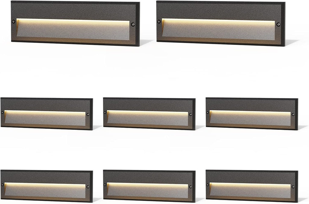 GOODSMANN Low Voltage Step Lights Kits 10.6 Inch Outdoor 12V AC Landscape Stair Lights Wired 8PK 6W LED Electric Outdoor Deck Lighting Black Metal 122 Lumens 3000K Warm White with Cable Connectors