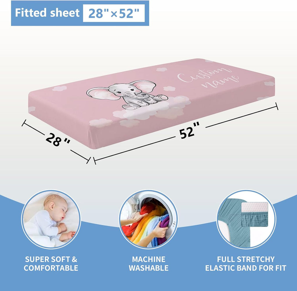 KAINSY Personalized Nursery Bedding Set, 5 Pcs - Custom Baby Girl Elephant Bedding, Toddlers Bedding Set with Name, Double Layer, Customized Gift for Infant Kid