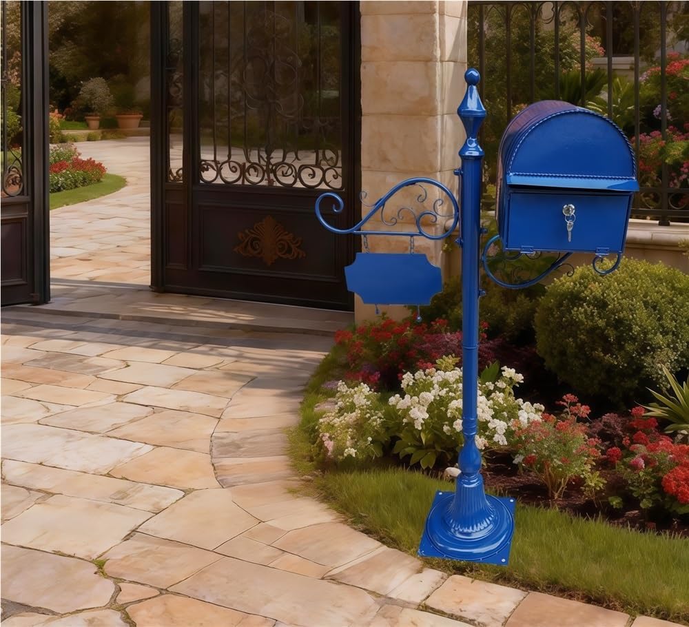 Locking Floor Standing Mailbox, Metal Letter Box with Rain Shield Send Slot, Decorative Post Mail Box for Home, Garden(Blue)