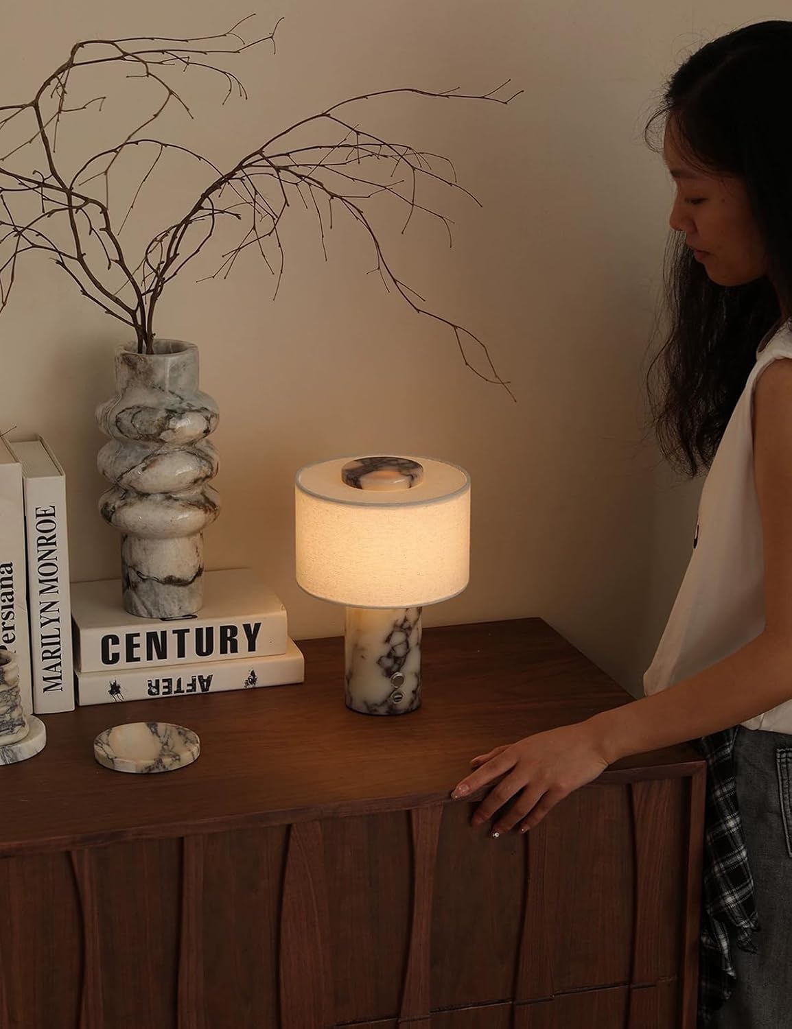 BSOD Marble Lamp, Stone Table Lamps Rechargeable Modern Decorative Touch Dimmable Cordless Luxury Design Bedside Lamp for Home Decor, Bedroom, Living Room & Office (Rechargeable Calacatta Viola Lamp)