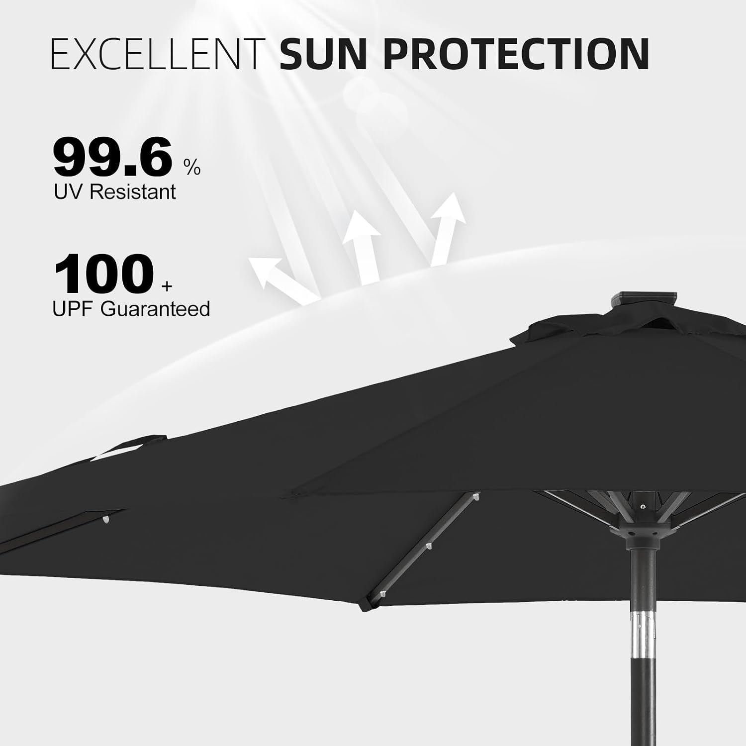 wikiwiki 9ft Solar Led Patio Umbrella, Sturdy Outdoor Market Umbrella for Deck, Pool, Garden w/Tilt, Crank, 32 LED Lights, Carbon Grey