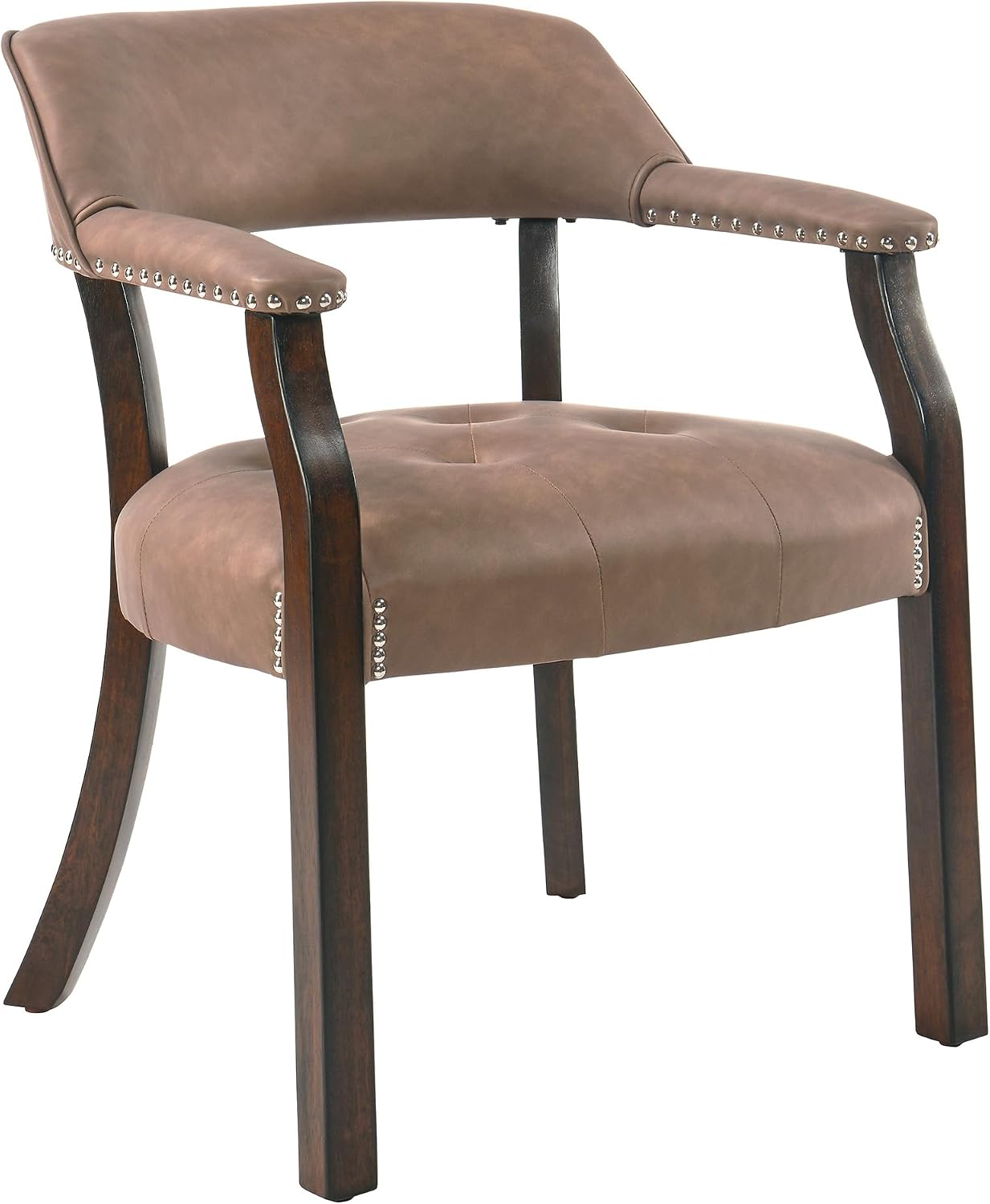 Dining Chairs with Upholstered,Office Desk Chair with Arms and Metal Rivets. PU Boss Captain's Chairs,Classic Accent Stool for Dining Room, Bedroom Brown Legs &Yellowish Brown NX173-318EY