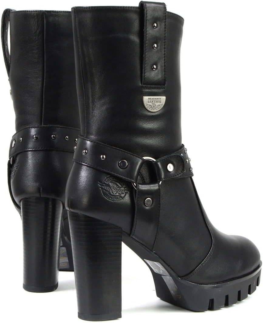 Milwaukee Leather MBL9303 Women's Classic Black Leather Casual Fashion Boots with Block Heel - 6