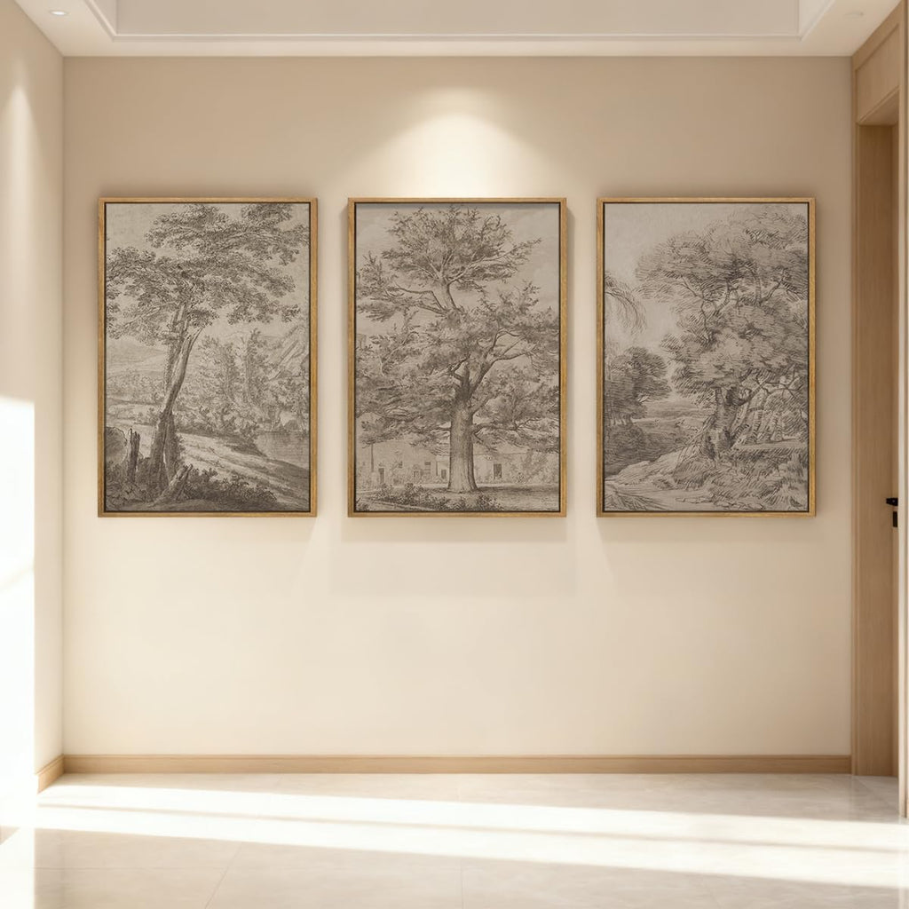 Extra Large Wall Art Framed Vintage Tree Sketch Antique Botanical Forest Prints Rustic Farmhouse Nature Decor for Living Room Bedroom Office 24'x36' Set of 3