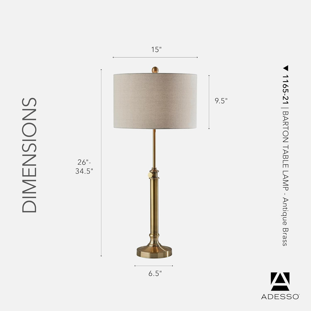 Adesso Antique Brass Table Lamp with Oatmeal Linen Shade – Adjustable Height Accent Light for Bedroom, Living Room, or Home Office, up to 34' Tall