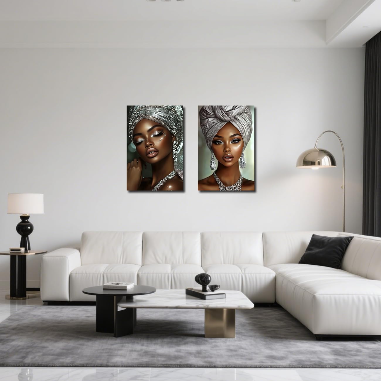 LZIMU African American Pictures Wall Art 2 Pieces Black Girl Painting Abstract Black Woman Portrait Canvas Prints Black Art Wall Decor Framed (Silver, 24x36inchx2 Pieces)