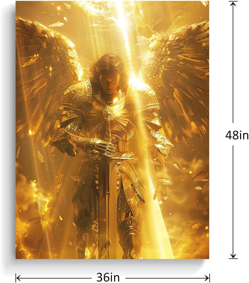 vandlife Bible Stories Canvas Wall Art Heavenly Guardian Archangel Michael Wearing Golden Armor Painting Framed Religious Tranquility Prints for Home Office Decor 36x48in