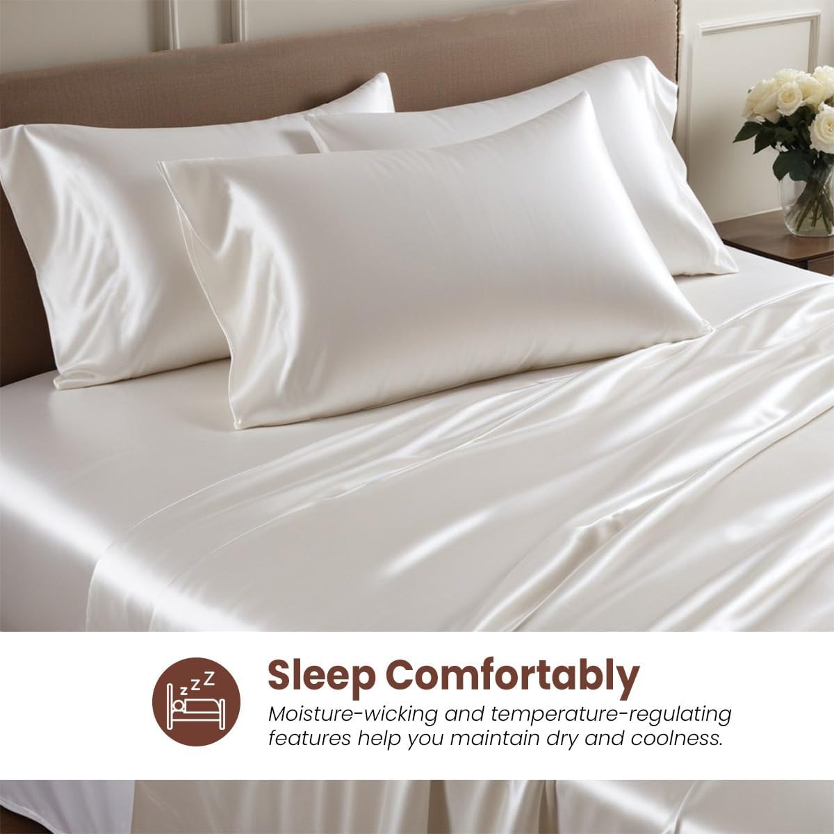 100% Pure Silk Satin Sheet Set 7pcs, Deep Pocket Fitted Sheet, Flat Sheet, Duvet Cover & Pillowcases Set|Cool Soft, Wrinkle Free, Fade Resistant|Twin,Brown