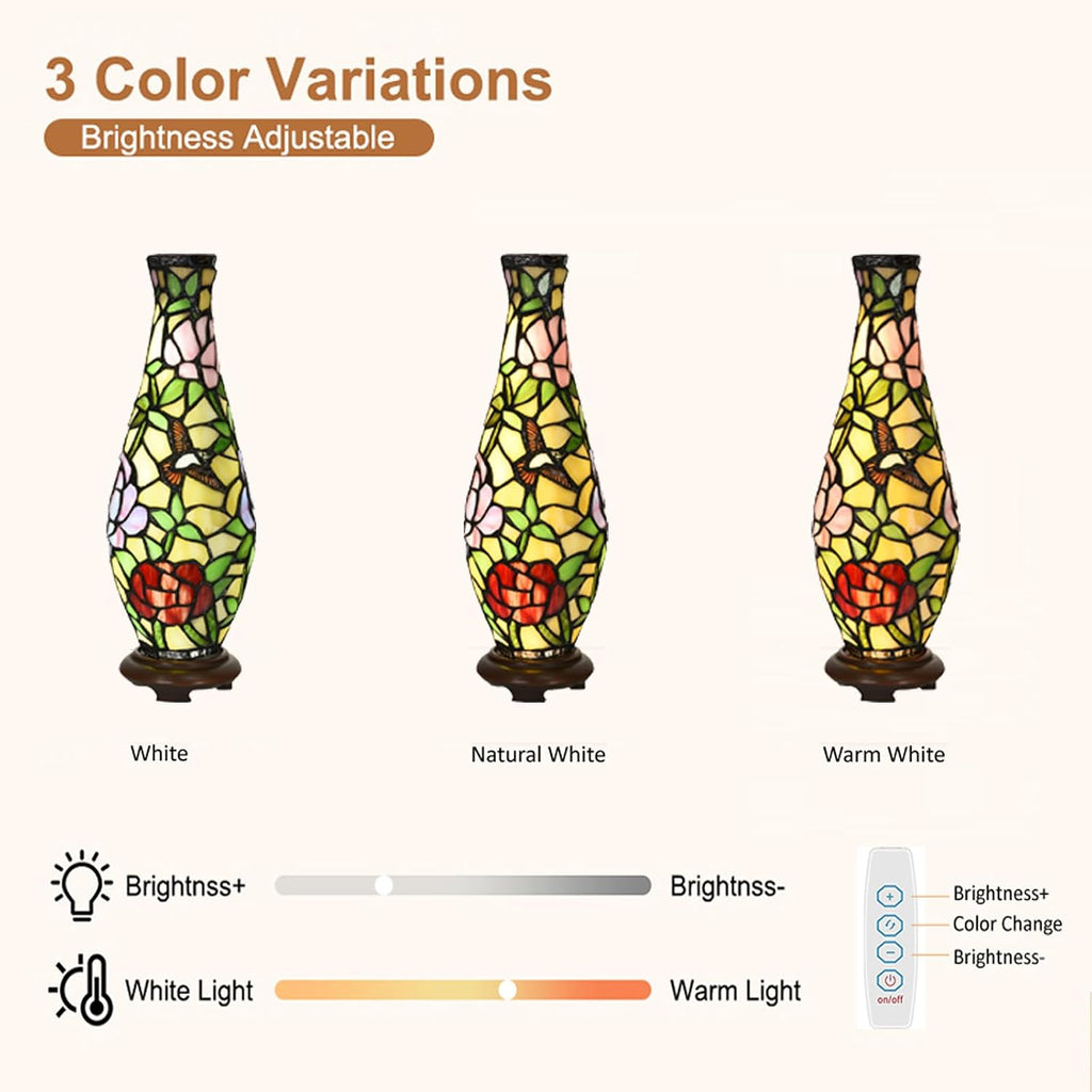 A0010 Tiffany Style Vase Table Lamp LED with 3 Lighting Modes and 10 Brightness Dimming, Handmade Stained Glass Accent Lamp for Bedside Livingroom Bedroom Home Decoration