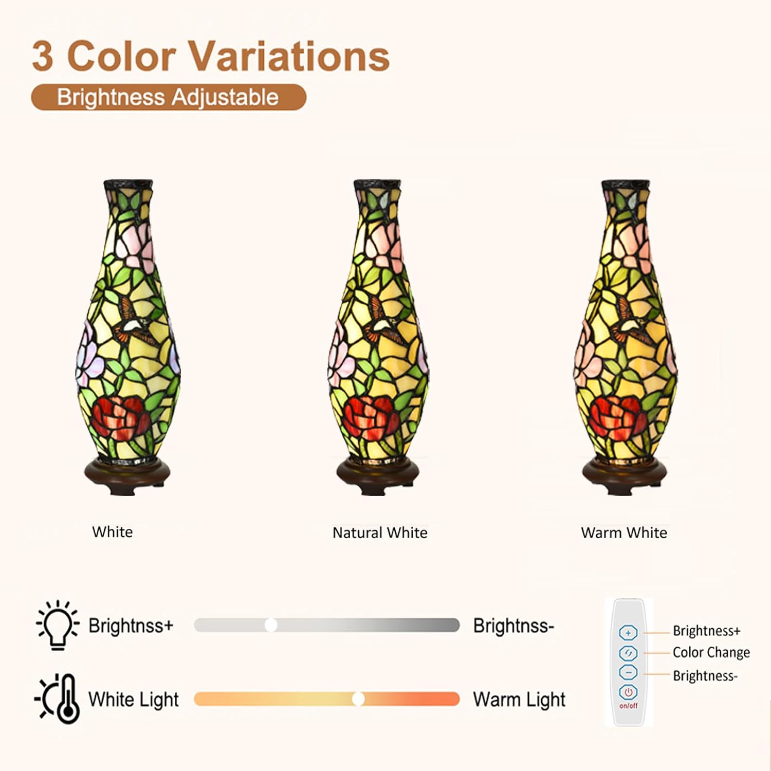 A0010 Tiffany Style Vase Table Lamp LED with 3 Lighting Modes and 10 Brightness Dimming, Handmade Stained Glass Accent Lamp for Bedside Livingroom Bedroom Home Decoration