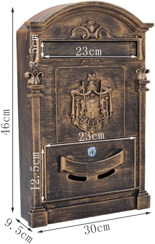 Mailbox Wall Mount, Secure Mail Box with Key Lock, Large Capacity Locking Mailbox for Outside, Rust-Proof Metal Post Box (Gray : Gold)