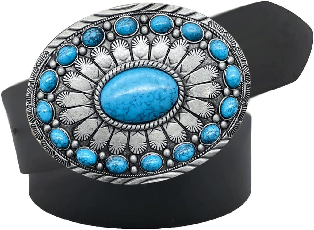 Men's Western Belt Buckle - Vintage Turquoise with Native American & Cowboy Elements