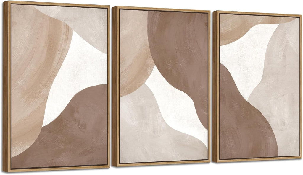 Minimalist Abstract Boho Wall Art - Natural Framed Abstract Canvas Picture Canyon Painting Cliff Artwork Modern Geometric Canvas Prints for Home Office Wall Decor 32' x 48' * 3 Tan Brown Beige