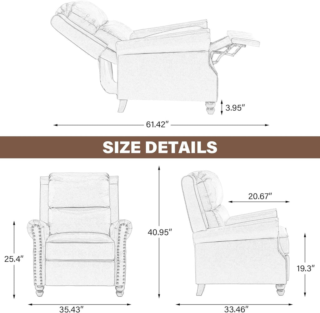Pushback Recliner Chair, PU Leather Armchair Push Back Accent Chair for Living Room, Rivet Trim Club Chair Home Theater Overstuffed Single Sofa Bedroom Reading Seat - Black