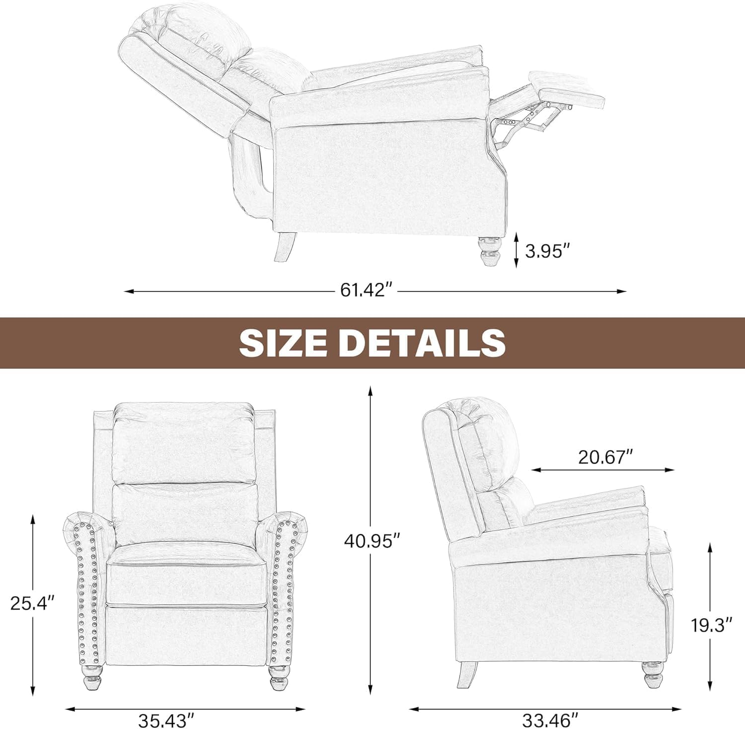Pushback Recliner Chair, PU Leather Armchair Push Back Accent Chair for Living Room, Rivet Trim Club Chair Home Theater Overstuffed Single Sofa Bedroom Reading Seat - Black