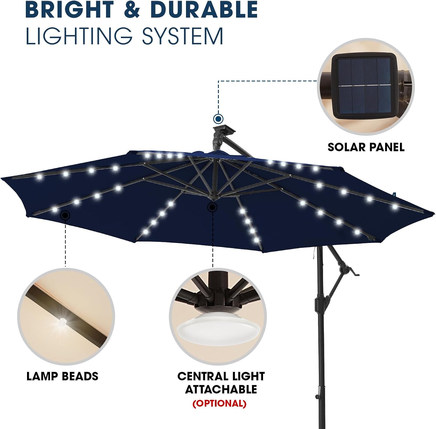 wikiwiki 10FT Solar Patio Offset Umbrella with Base Included, Outdoor Cantilever Umbrella Hanging Umbrellas with Weighted Sandbag Base, Market Patio Umbrella for Backyard, Garden & Deck, Dark Blue