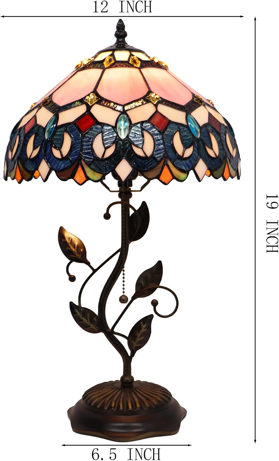 Tiffany Table Lamp, Pink Stained Glass Desk Light, W12H19 Inch, Metal Leaf Base (Pink Baroque Style)