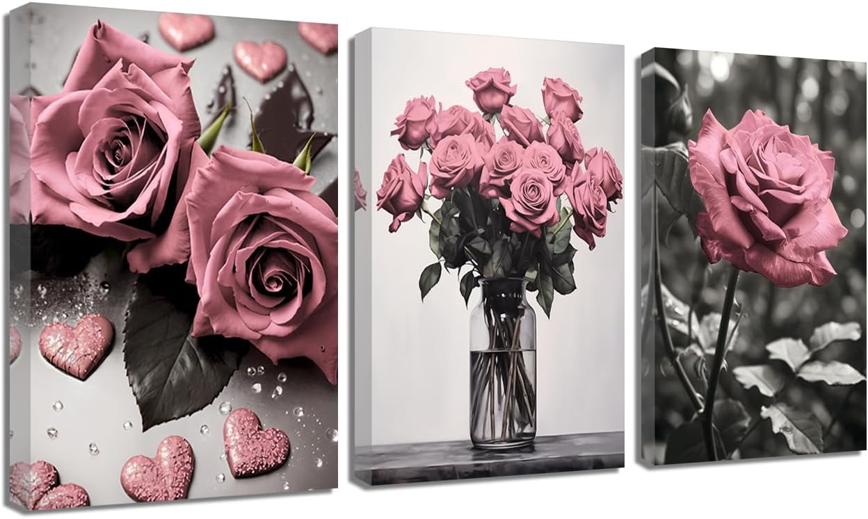 ZQQART Pink Rose Wall Art 3 PCS Bloom Pink Flower Canvas Prints Rustic Black and White Pink Floral Painting for Girls Room Wall Decor (Pink24.00' x 36.00' x 3)