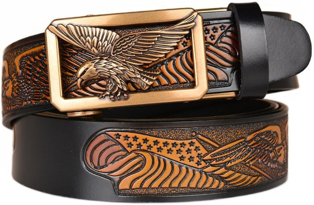 Mens Ratchet Leather Belt, Genuine Leather belts, Engraved Vintage Dragon Eagle Tiger Buckle, Business leisure belt