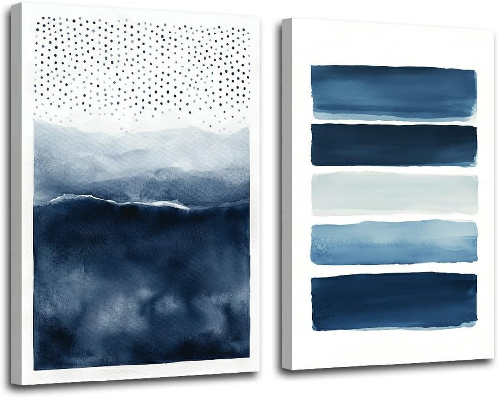 SWQYLB Navy Blue Canvas Wall Art 2 Pieces Neutral Blue and White Abstract Paintings Wall Decor Watercolor Pictures for Modern Minimalist Print Office Decor Framed (24x36inchx2 Pieces)