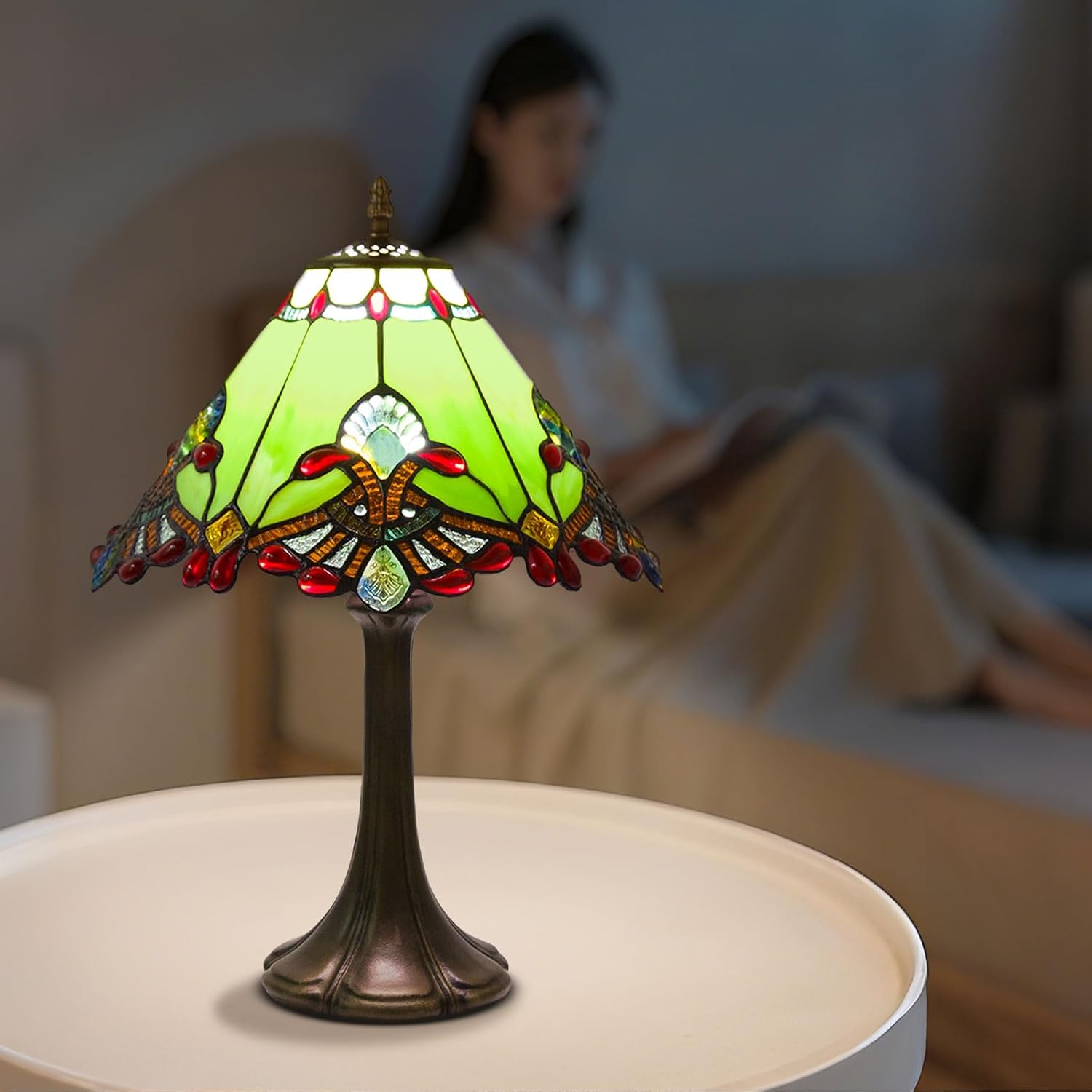 Tiffany Style Table Lamp, Small Stained Glass Lamp for Bedside, Bedroom, Nightstand, Living Room, 12 Inch Mini Vintage Light Included E26 Bulbs with Remote Control (Green Umbrella)