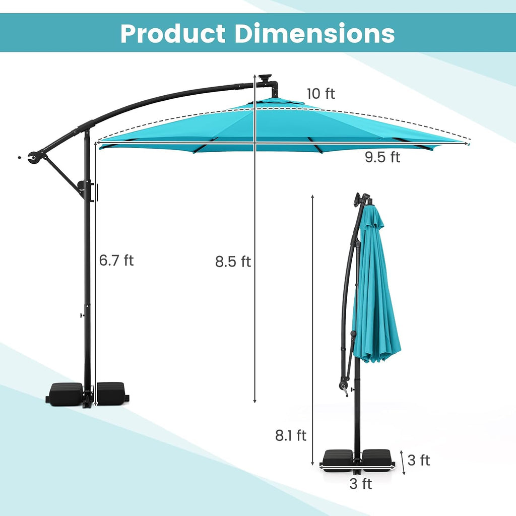 Tangkula 10 FT Solar Patio Umbrella with Base Included, Cantilever Offset Hanging Outdoor Umbrella with 96 Multi-Colored Flowing LED Lights, 9 Modes, Tilt Adjustment, 360° Rotation, Crank for Pool Yard Deck Lawn (Turquoise)