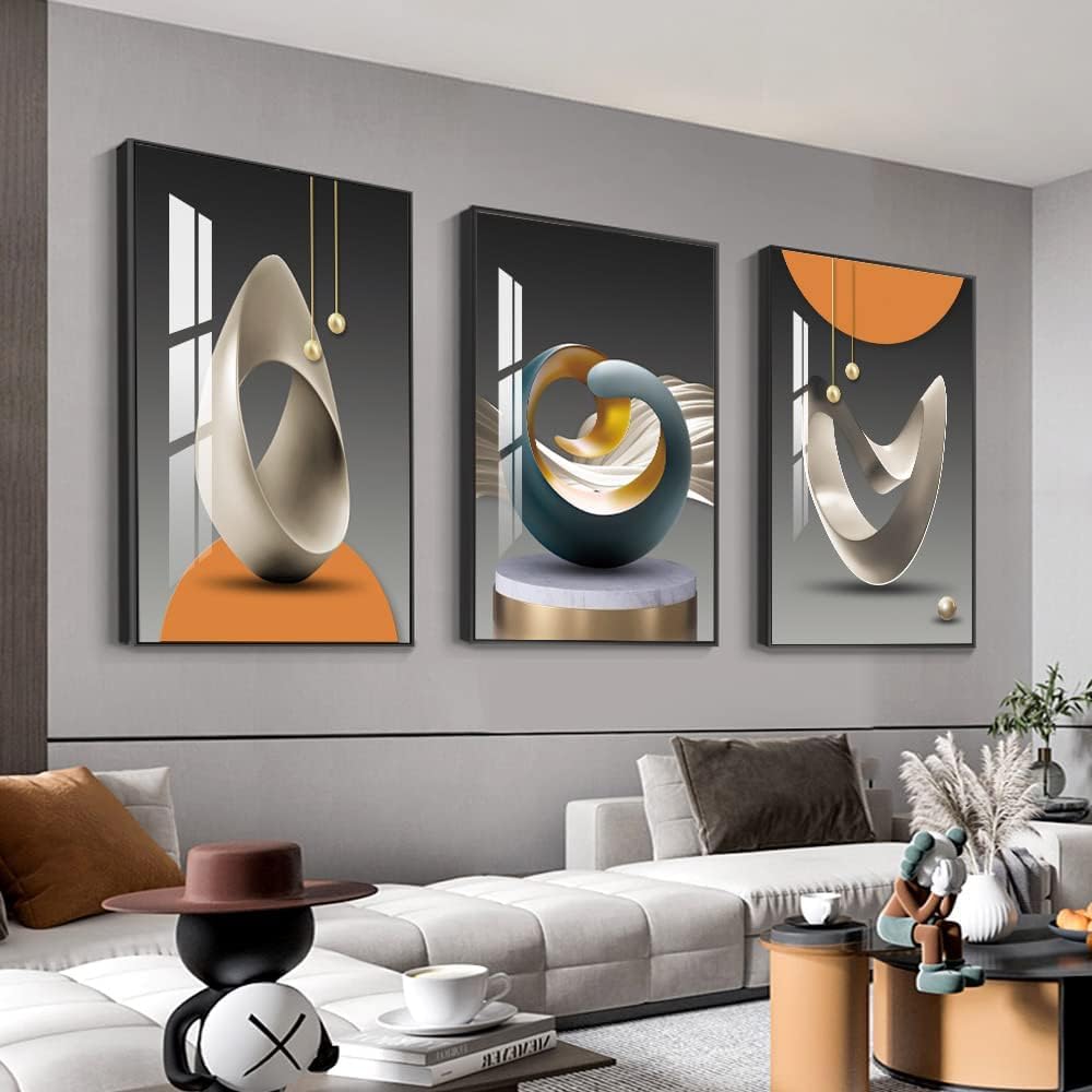 MPLONG Wall Art, Bright Style Framed Wall Art, Abstract Modern Art Shape Pattern White Blue Yellow Grey Wall Art Artfully Matching Living Room Bedroom Office Wall Decor - 20'x 28'x 3 Panels