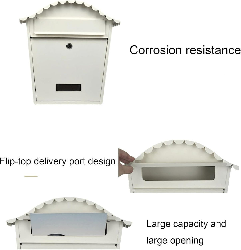 Secure Mailbox with Key Lock, Weatherproof Outdoor Post Box, Metal Collection Box, Hanging Lockable Mailbox for Safe Mail Delivery - Off-White Color
