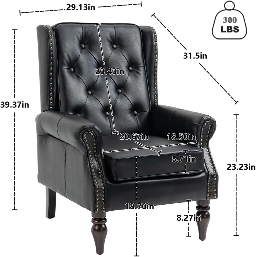 Mid-Century Wingback Chairs Set of 2,Faux Leather Accent Chairs Armchair with Buttons,Modern Living Room Chairs with Rivet Decoration,Single Sofa Chair for Bedroom,Club,Home Reception (Black)