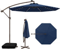 Tangkula 10FT Offset Patio Umbrella with Base Included, Outdoor Cantilever Umbrella with 40 Solar LED Lights, Tilt Adjustment, Crank Handle, Vented Top, Sand Bags for Pool Yard Deck (Navy)