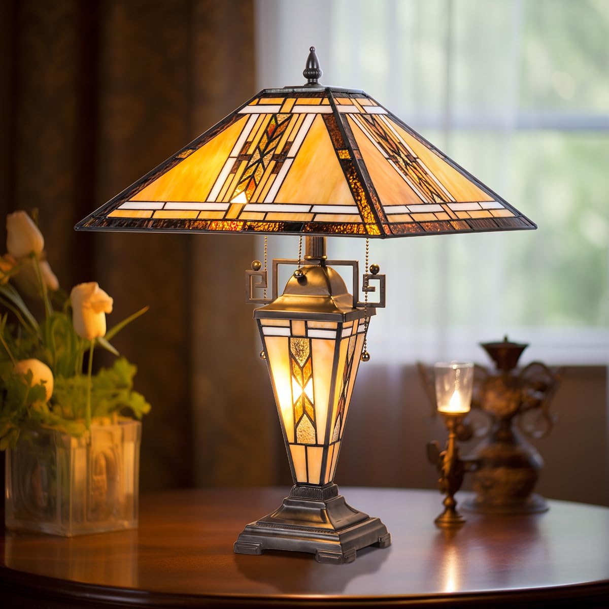 Tiffany Table Lamps with Nightlight,16' Wide Handmade Stained Glass Desk Lamp for Reading,3-Lights Mission Style Antique Nightstand Light for Living Room Bedroom Office