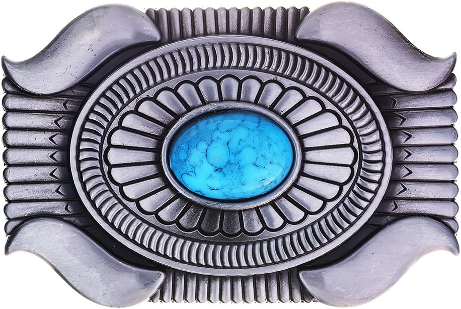 Men's Western Belt Buckle - Vintage Turquoise with Native American & Cowboy Elements
