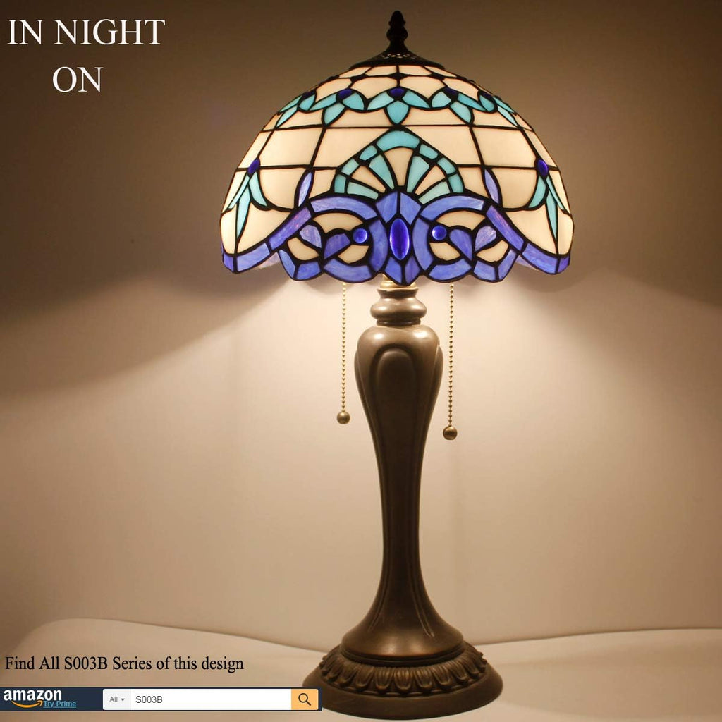 WERFACTORY Tiffany Lamp White Navy Blue Baroque Stained Glass Bedside Table Lamp Desk Reading Light 12X12X22 Inches Decor Bedroom Living Room Home Office S003B Series
