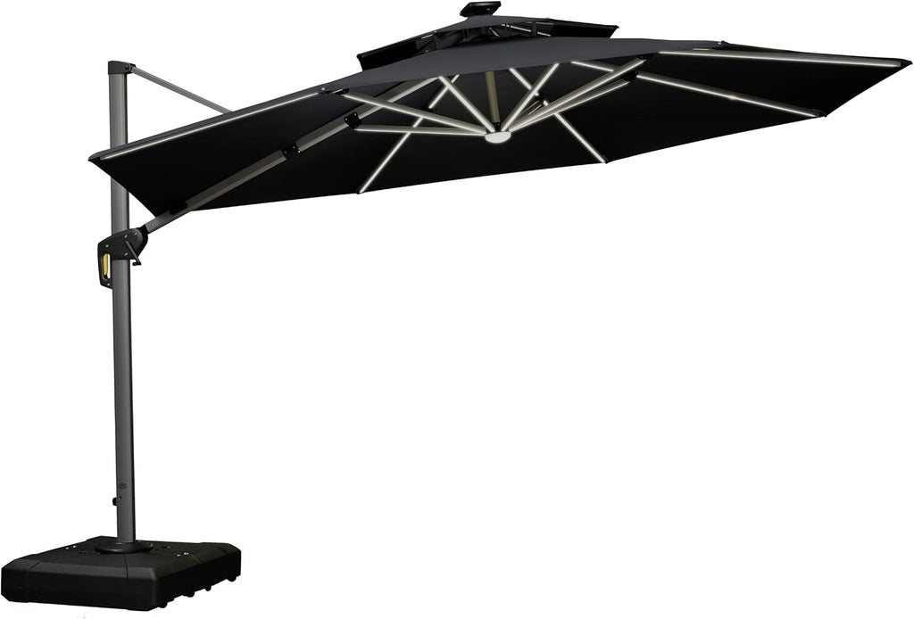 PURPLE LEAF 12ft Solar powered LED Patio Umbrella Outdoor Round Umbrella Large Cantilever Umbrellas with LED lights Windproof Offset Umbrellas Heavy Duty Sun Umbrella for Garden Deck Pool Patio, Black