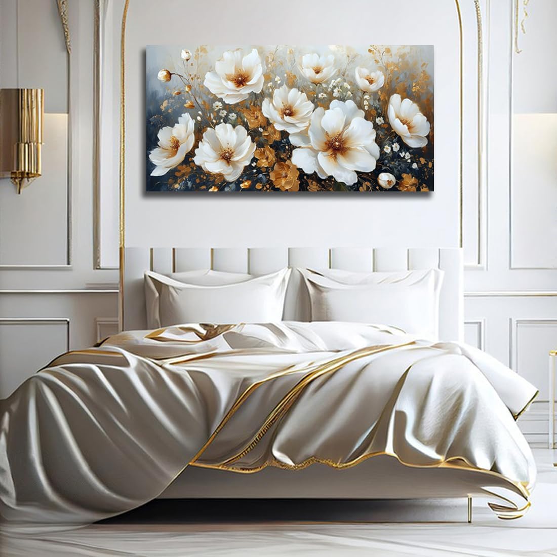 RUIFENGL Flower Canvas Wall Art White and Gold Floral Pictures Canvas Prints Wall Art for Living Room Bedroom Bathroom Home Office Decoration Painting Artwork 29'x58' Xlarge