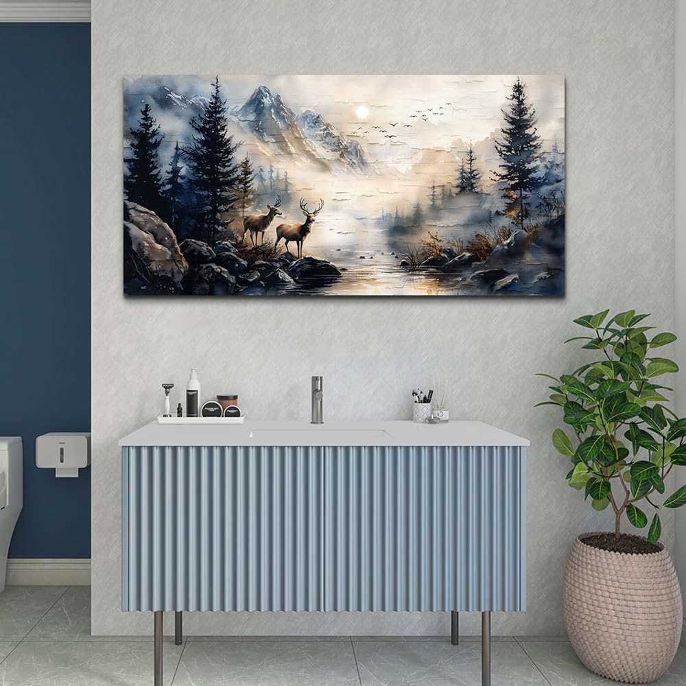 ERQINHUA Canvas Wall Art For Bedroom Large Wall Decor For Living Room Modern Office Decor Abstract Ink Painting Elk Forest landscape Wall Pictures Ready To Hang Home Decorations Posters 30'X60'