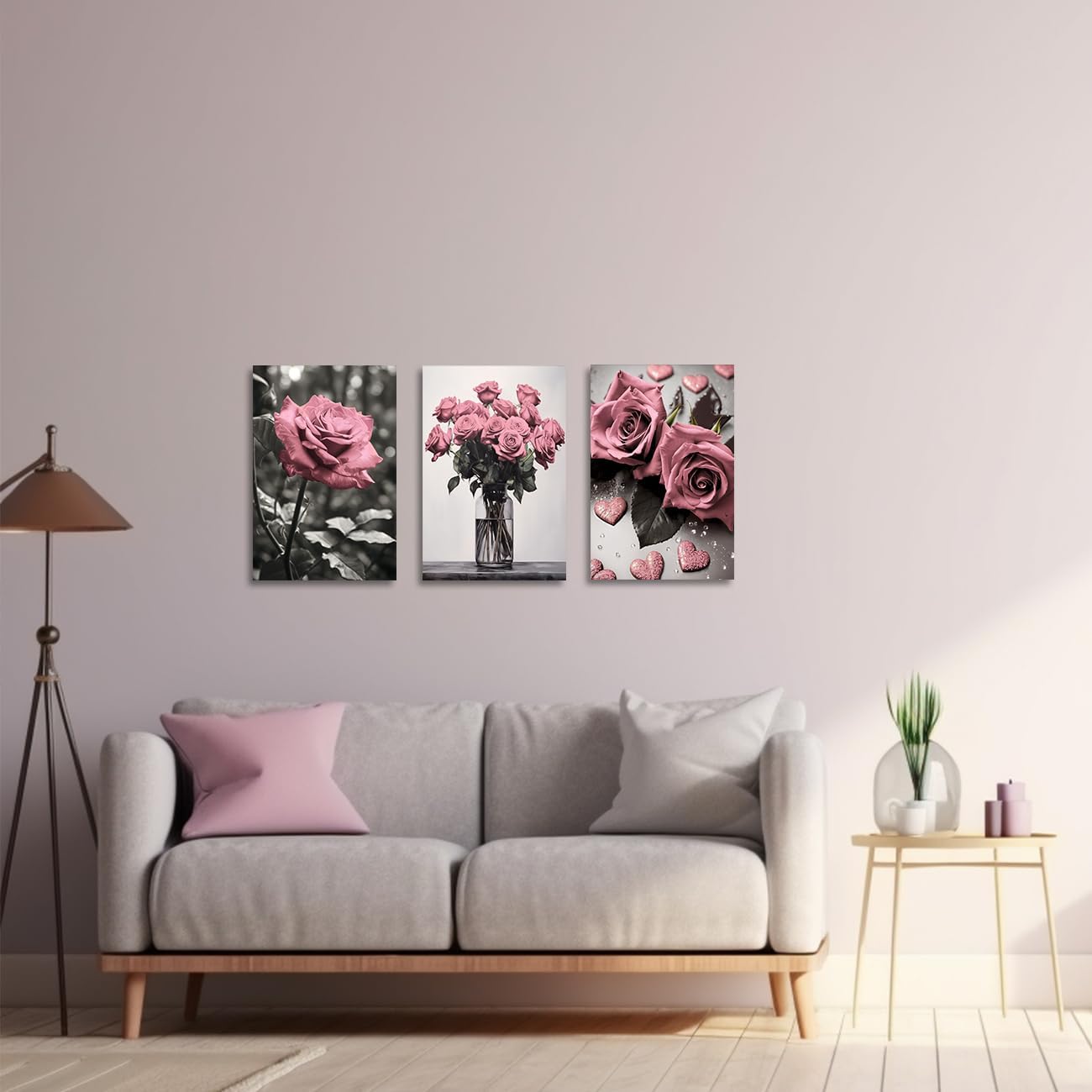 ZQQART Pink Rose Wall Art 3 PCS Bloom Pink Flower Canvas Prints Rustic Black and White Pink Floral Painting for Girls Room Wall Decor (Pink24.00' x 36.00' x 3)