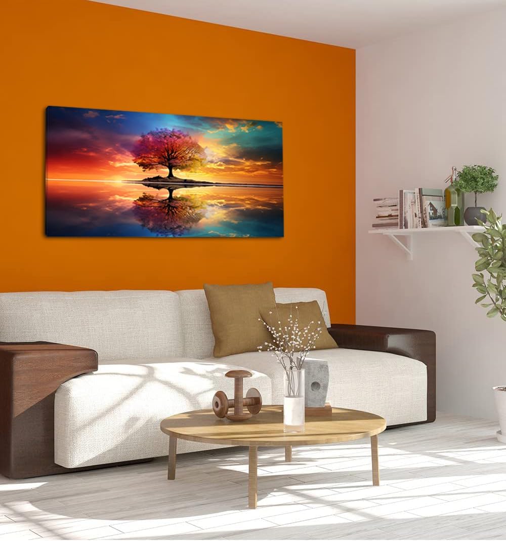 Lasdel Tree Alone Standing Middle Of Lake Landscape Canvas Wall Art for Living Room Bedroom Home, Beautiful Nature Scenery Painting Print Picture Decor Artwork, Wrapped Gift Inner Frame 328x58 Inches