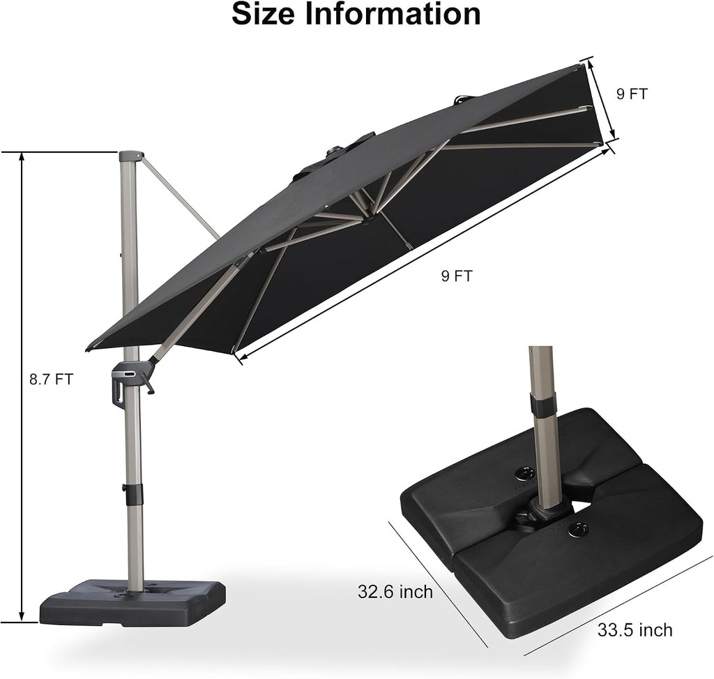 PURPLE LEAF Patio Umbrella with Base Included, 9ft Outdoor Aluminum Cantilever Umbrella with 360° Rotation, Aluminum Large Offset Umbrella for Outdoor Garden Pool, Black