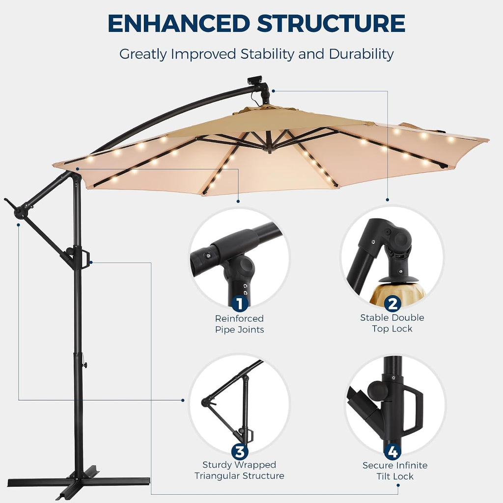 HOMSHADE 10ft Solar Lights Offset Cantilever Patio Umbrella - with Light and Base, LED Lighted Offset Hanging Patio Outdoor Market Umbrella UPF50+ UV Protection with Easy Tilt and Crank (Beige)