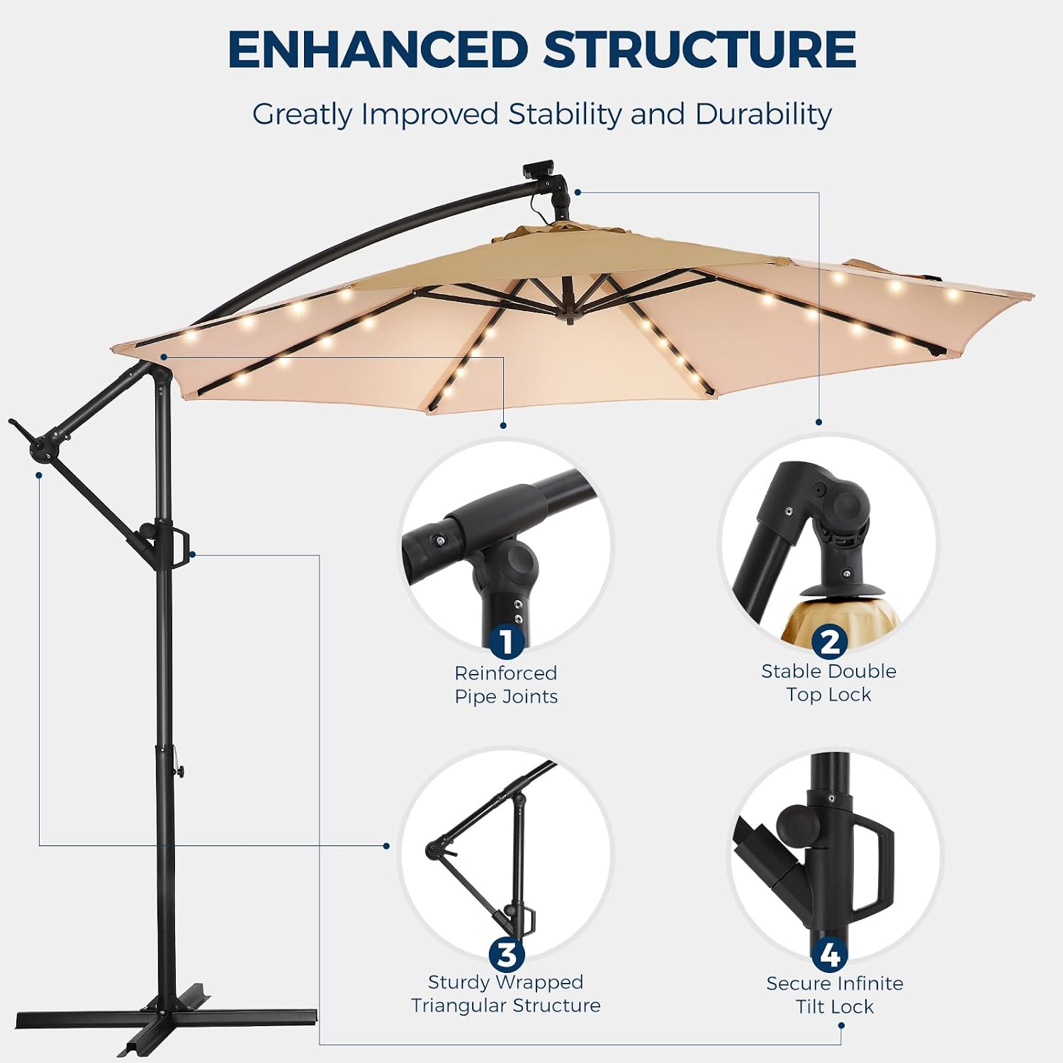 HOMSHADE 10ft Solar Lights Offset Cantilever Patio Umbrella - with Light and Base, LED Lighted Offset Hanging Patio Outdoor Market Umbrella UPF50+ UV Protection with Easy Tilt and Crank (Beige)