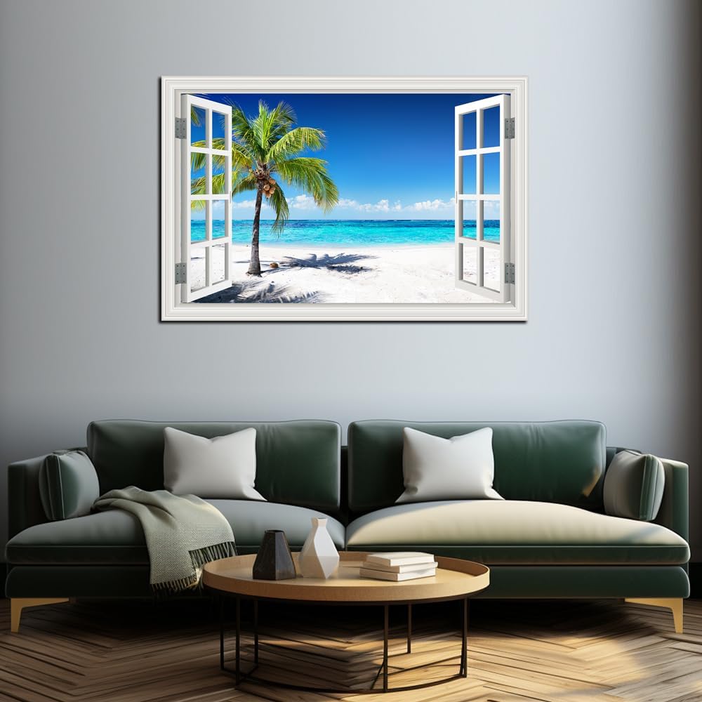 Ocean Wall Art Beach Picture for Living Room White Window Frame Style Palm Tree Art Print on Canvas Large Blue Sea View Painting Artwork for Bedroom Home Office Decoration, Ready to Hang(32'×48')
