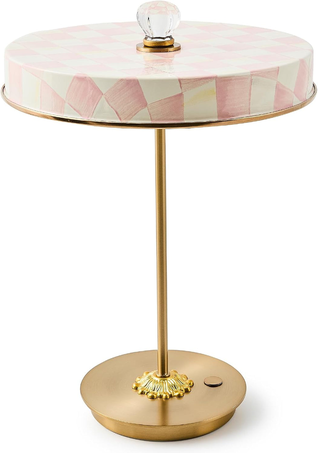 MACKENZIE-CHILDS LED Rechargeable Disk Table Lamp, Cordless Touch Lamp, Pink-and-White Rosy Check