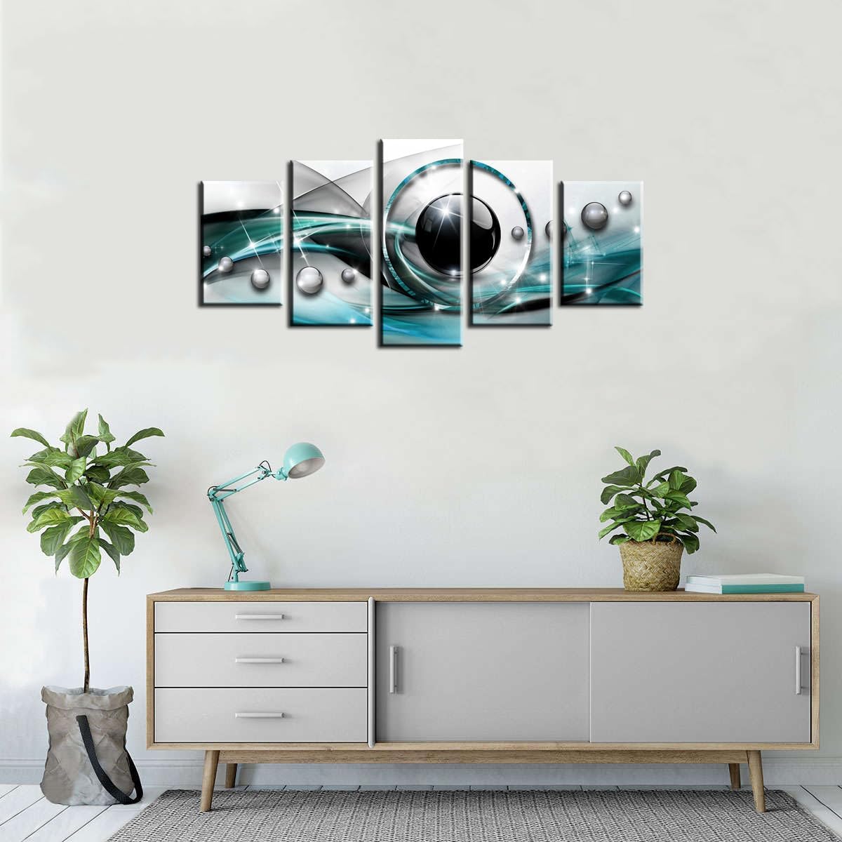 AWLXPHY Decor Abstract Canvas Wall Art Blue and Black Framed Painting for Living Room Decor Modern Simple Circle Line HD Print Artworks Giclee 5 Pieces (Teal, W80 x H40)