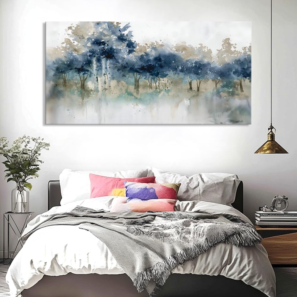 Wall Art Landscape Modern Wall Decor Canvas Painting Blue Ink Wall Art Large Artwork for Living Room Bedroom Office Home Decor 71'x36' with Framed