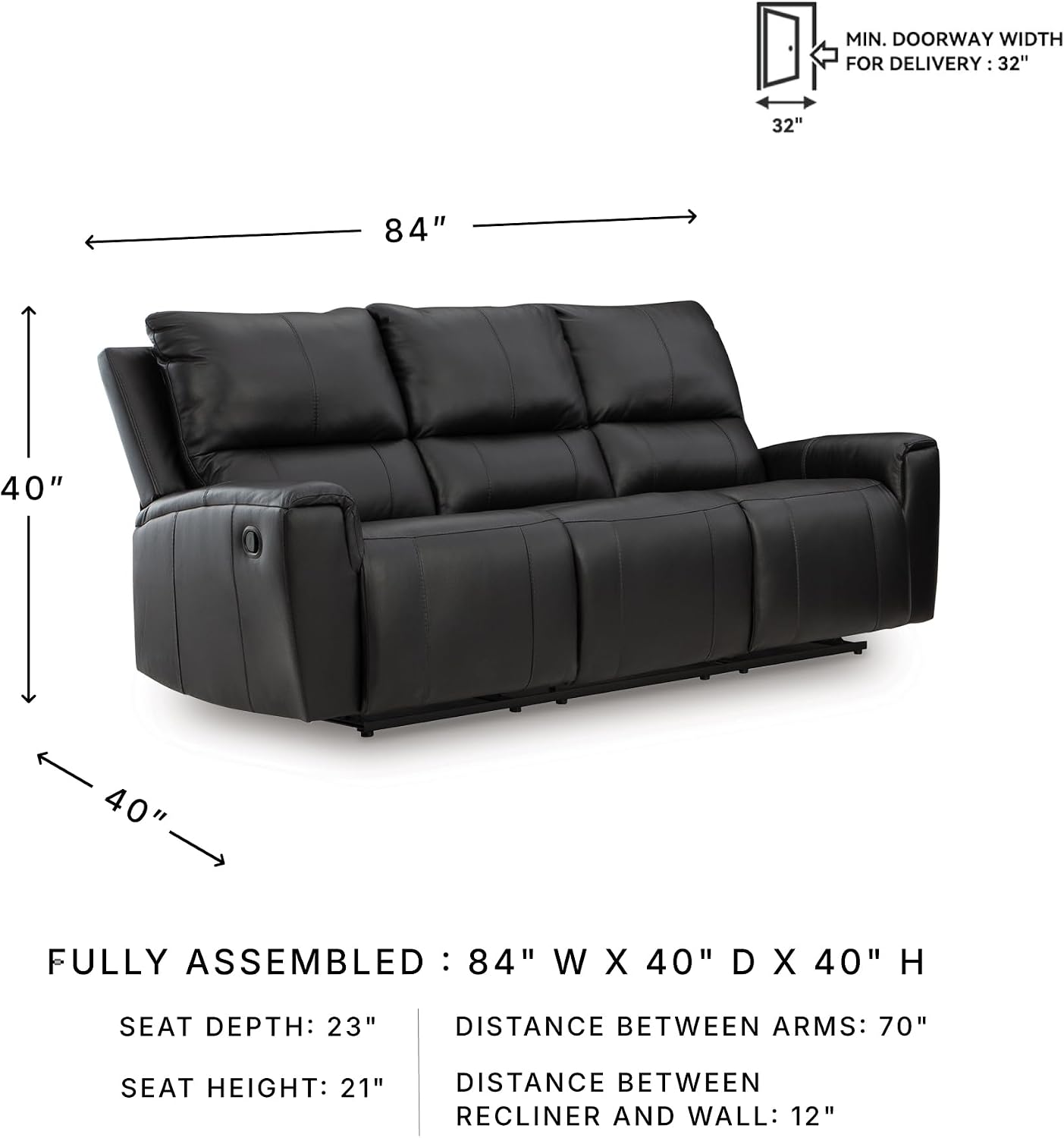 Signature Design by Ashley Glassmere Contemporary Dual-Sided Leather Match Reclining Sofa with Position Lock, Black